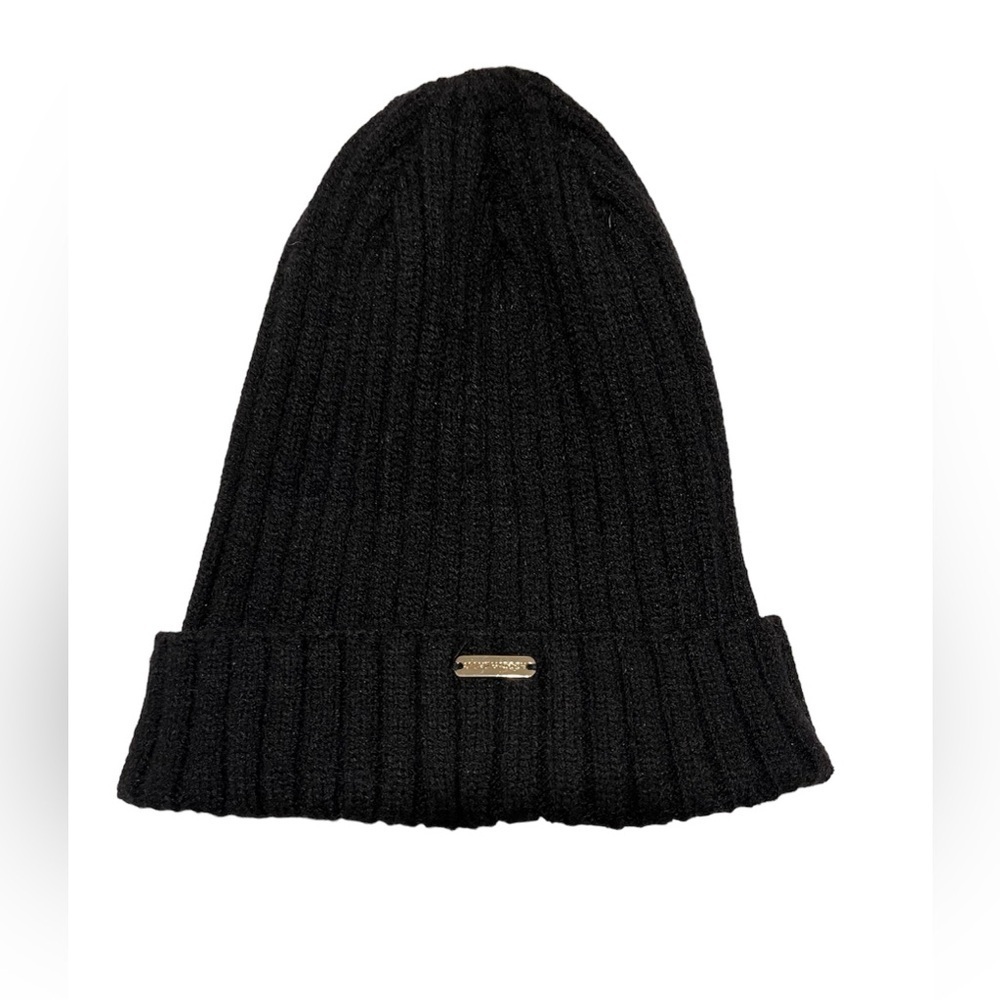 Steve Madden Black Ribbed Toboggan Beanie Hat with Logo